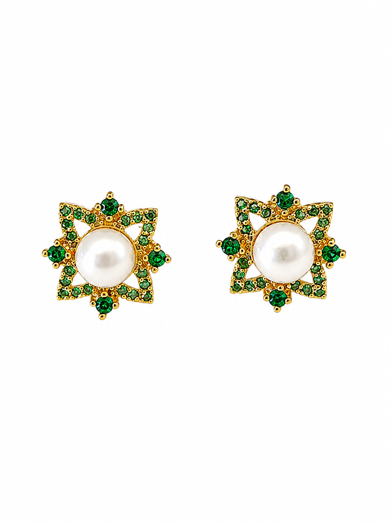 Certified natural freshwater pearls jewellery pearl & green stone floral stud earrings with gold tone setting pearl .
