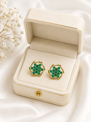 Certified natural freshwater pearls jewellery green stone floral cluster stud earrings with gold-tone frame flower. 3
