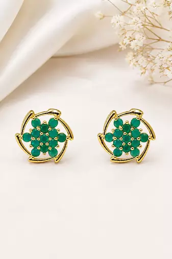 Certified natural freshwater pearls jewellery green stone floral cluster stud earrings with gold-tone frame flower.