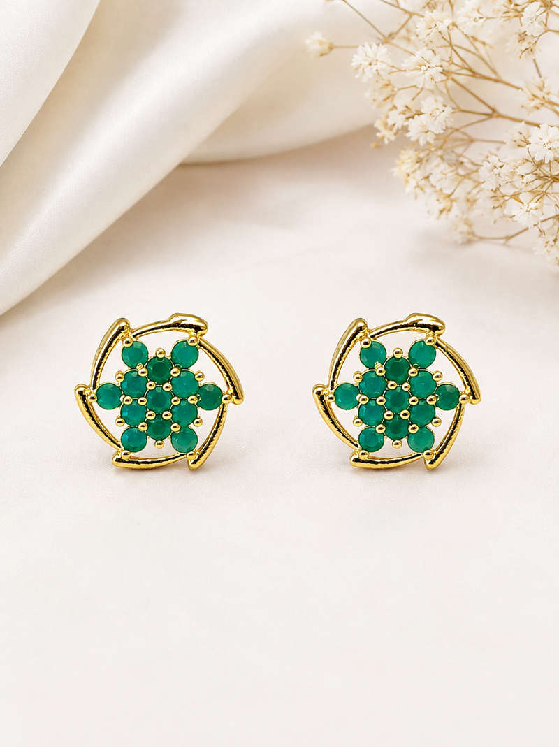 Certified natural freshwater pearls jewellery green stone floral cluster stud earrings with gold-tone frame flower.