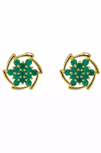 Certified natural freshwater pearls jewellery green stone floral cluster stud earrings with gold-tone frame flower.