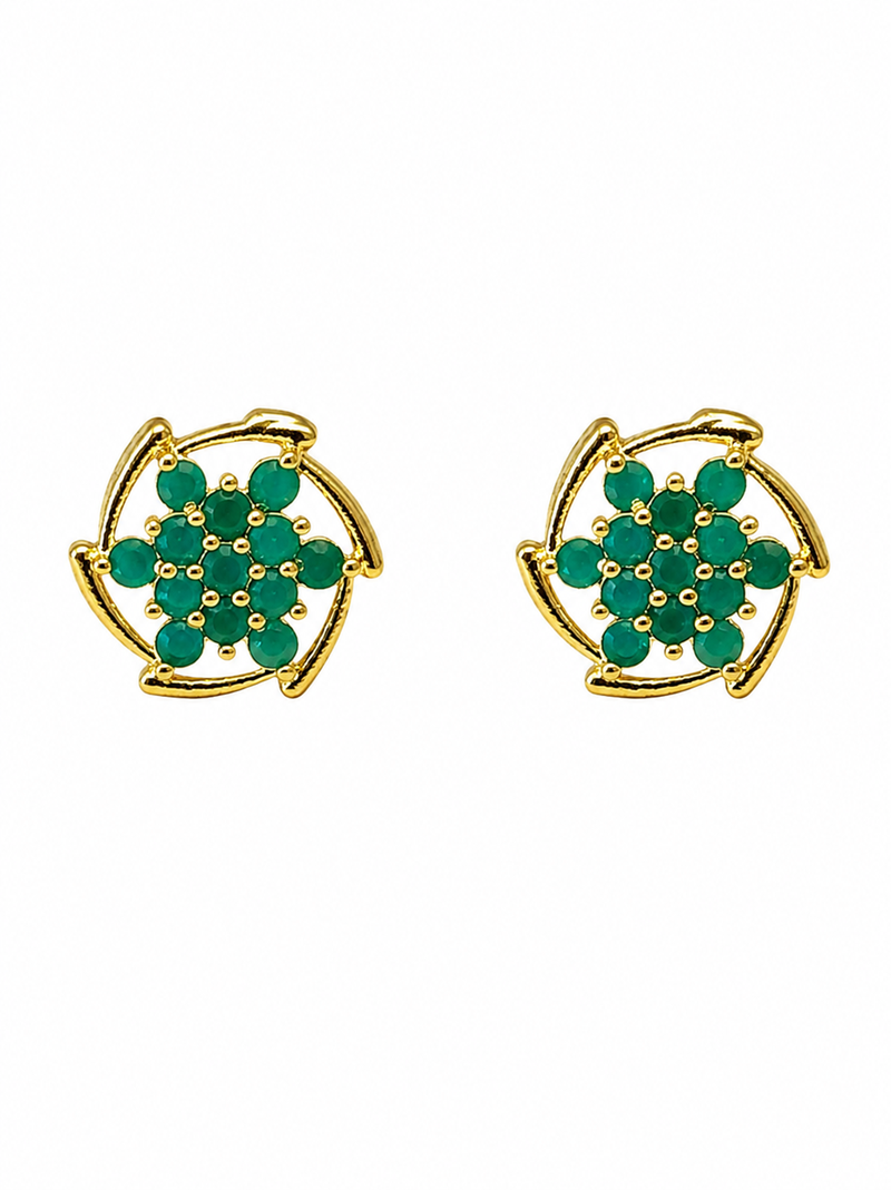 Certified natural freshwater pearls jewellery green stone floral cluster stud earrings with gold-tone frame flower.