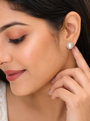 Certified natural freshwater pearls jewellery .oval pearl stud earrings with crystal halo, gold tone cz crystal surround 1