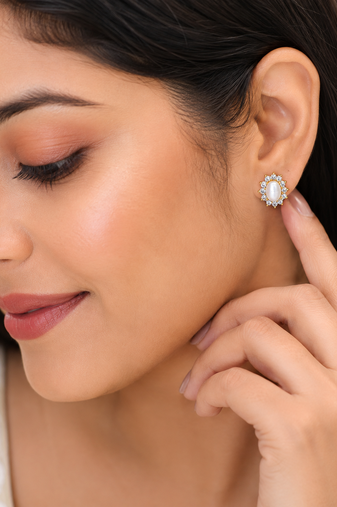 Certified natural freshwater pearls jewellery .oval pearl stud earrings with crystal halo, gold tone cz crystal surround