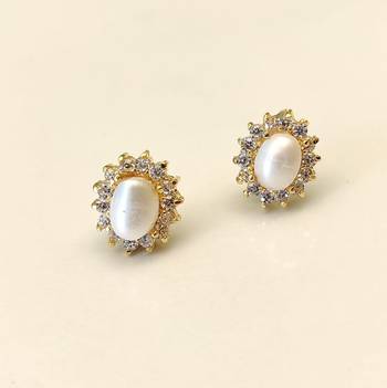 Certified natural freshwater pearls jewellery .oval pearl stud earrings with crystal halo, gold tone cz crystal surround 2