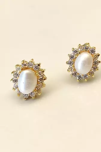 Certified natural freshwater pearls jewellery .oval pearl stud earrings with crystal halo, gold tone cz crystal surround