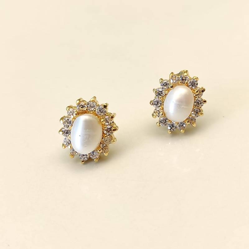 Certified natural freshwater pearls jewellery .oval pearl stud earrings with crystal halo, gold tone cz crystal surround