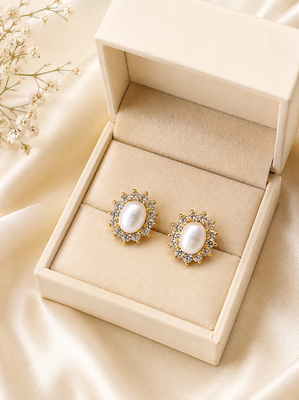 Certified natural freshwater pearls jewellery .oval pearl stud earrings with crystal halo, gold tone cz crystal surround 3