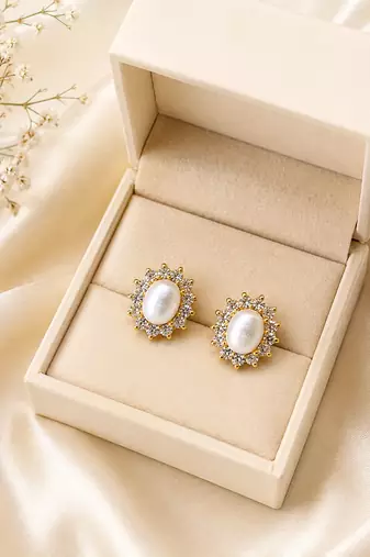Certified natural freshwater pearls jewellery .oval pearl stud earrings with crystal halo, gold tone cz crystal surround