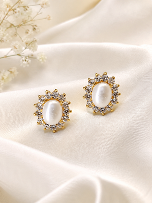 Certified natural freshwater pearls jewellery .oval pearl stud earrings with crystal halo, gold tone cz crystal surround 4