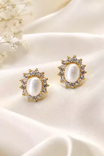 Certified natural freshwater pearls jewellery .oval pearl stud earrings with crystal halo, gold tone cz crystal surround