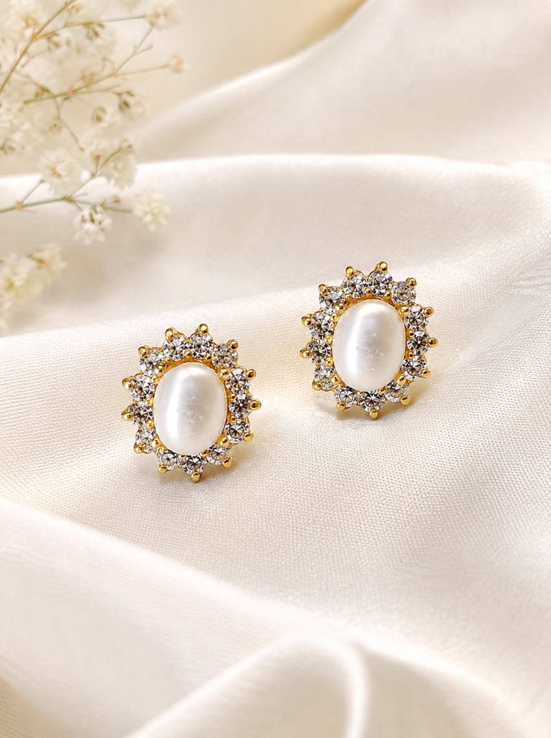 Certified natural freshwater pearls jewellery .oval pearl stud earrings with crystal halo, gold tone cz crystal surround