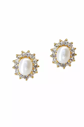 Certified natural freshwater pearls jewellery .oval pearl stud earrings with crystal halo, gold tone cz crystal surround
