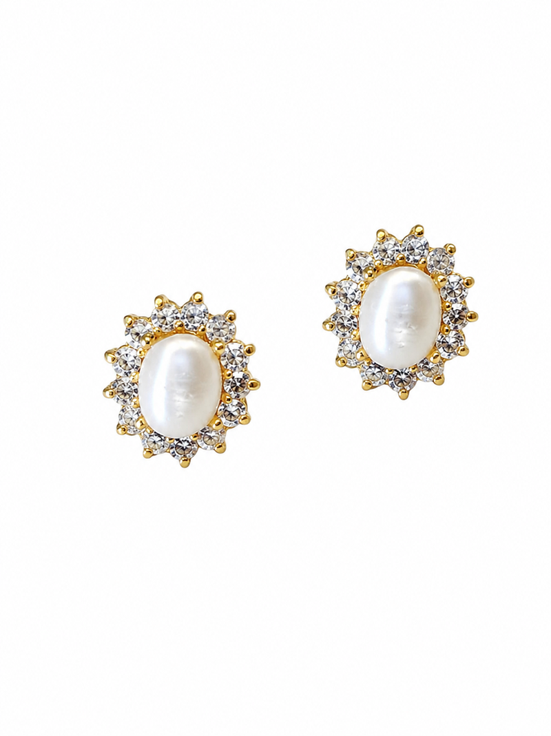 Certified natural freshwater pearls jewellery .oval pearl stud earrings with crystal halo, gold tone cz crystal surround