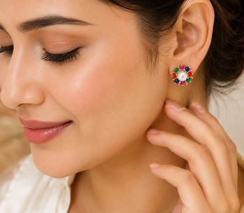 Certified natural freshwater pearls jewellery pearl centre multicolour stone floral stud earrings gold-tone setting. 1