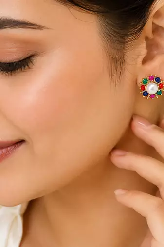 Certified natural freshwater pearls jewellery pearl centre multicolour stone floral stud earrings gold-tone setting.