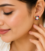 Certified natural freshwater pearls jewellery pearl centre multicolour stone floral stud earrings gold-tone setting.