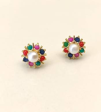Certified natural freshwater pearls jewellery pearl centre multicolour stone floral stud earrings gold-tone setting. 2