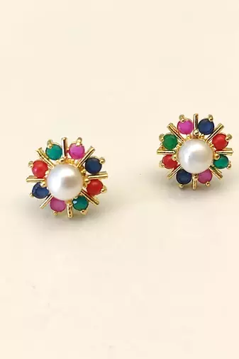 Certified natural freshwater pearls jewellery pearl centre multicolour stone floral stud earrings gold-tone setting.