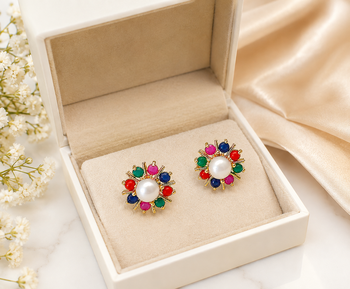 Certified natural freshwater pearls jewellery pearl centre multicolour stone floral stud earrings gold-tone setting. 3