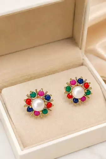 Certified natural freshwater pearls jewellery pearl centre multicolour stone floral stud earrings gold-tone setting.