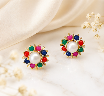 Certified natural freshwater pearls jewellery pearl centre multicolour stone floral stud earrings gold-tone setting. 4