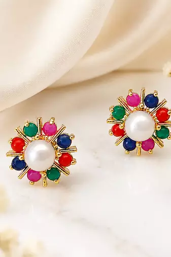 Certified natural freshwater pearls jewellery pearl centre multicolour stone floral stud earrings gold-tone setting.