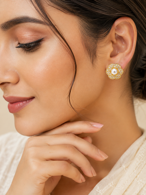 Certified natural freshwater pearls jewellery pearl centre flower stud earrings with cz stones, gold tone floral design. 1