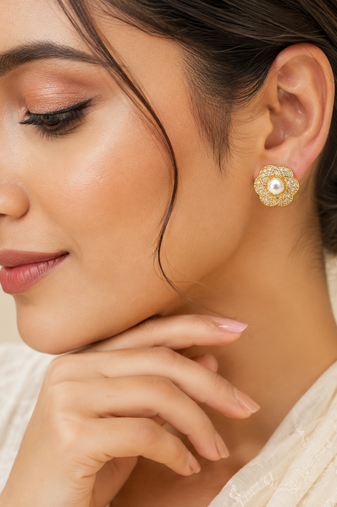 Certified natural freshwater pearls jewellery pearl centre flower stud earrings with cz stones, gold tone floral design.