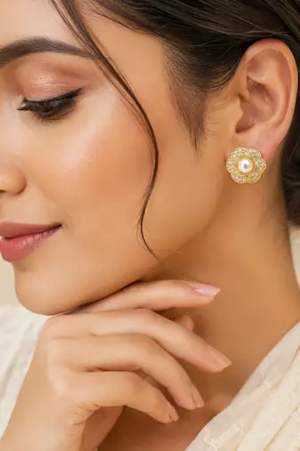 Certified natural freshwater pearls jewellery pearl centre flower stud earrings with cz stones, gold tone floral design.