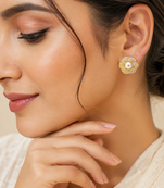 Certified natural freshwater pearls jewellery pearl centre flower stud earrings with cz stones, gold tone floral design.