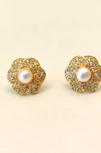 Certified natural freshwater pearls jewellery pearl centre flower stud earrings with cz stones, gold tone floral design.