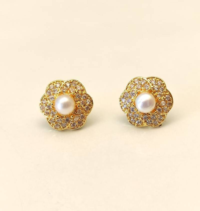 Certified natural freshwater pearls jewellery pearl centre flower stud earrings with cz stones, gold tone floral design.