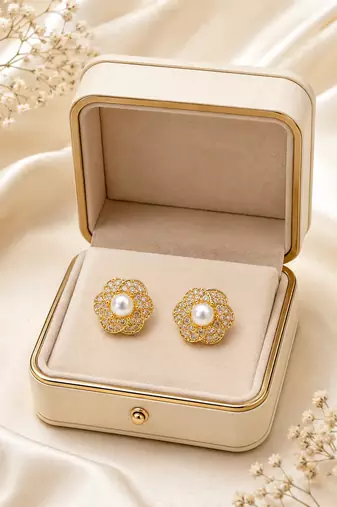 Certified natural freshwater pearls jewellery pearl centre flower stud earrings with cz stones, gold tone floral design.