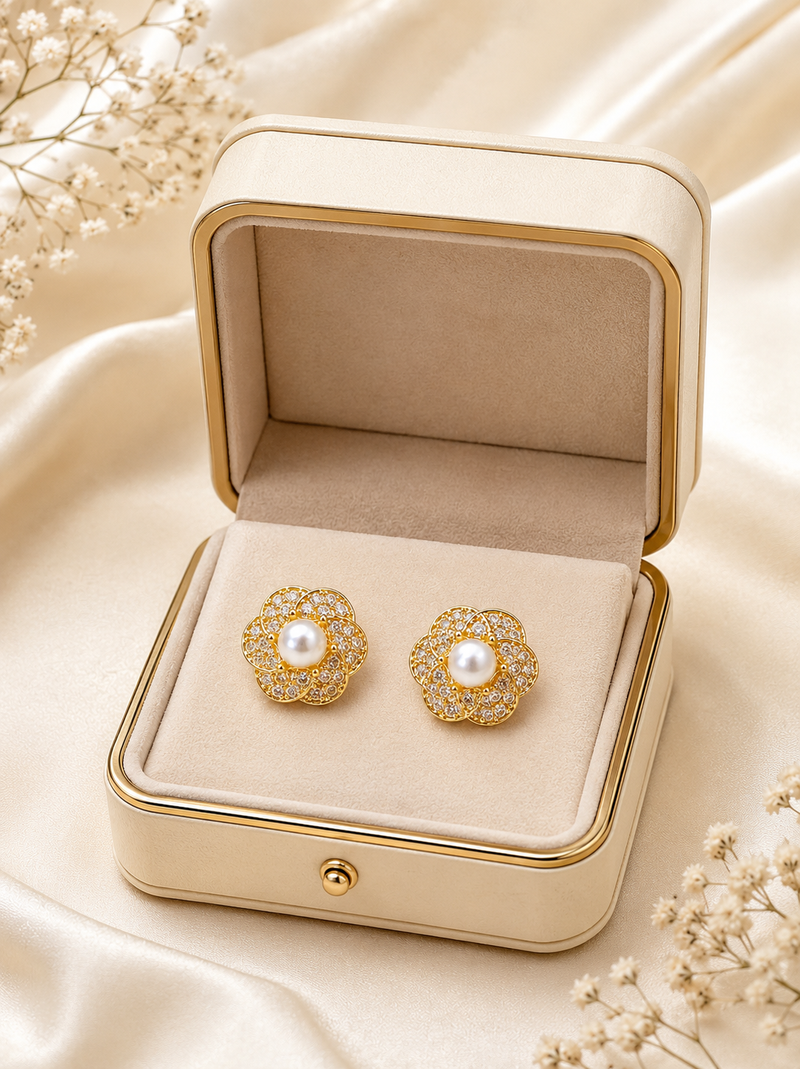 Certified natural freshwater pearls jewellery pearl centre flower stud earrings with cz stones, gold tone floral design.