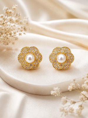 Certified natural freshwater pearls jewellery pearl centre flower stud earrings with cz stones, gold tone floral design. 4