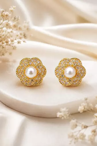 Certified natural freshwater pearls jewellery pearl centre flower stud earrings with cz stones, gold tone floral design.