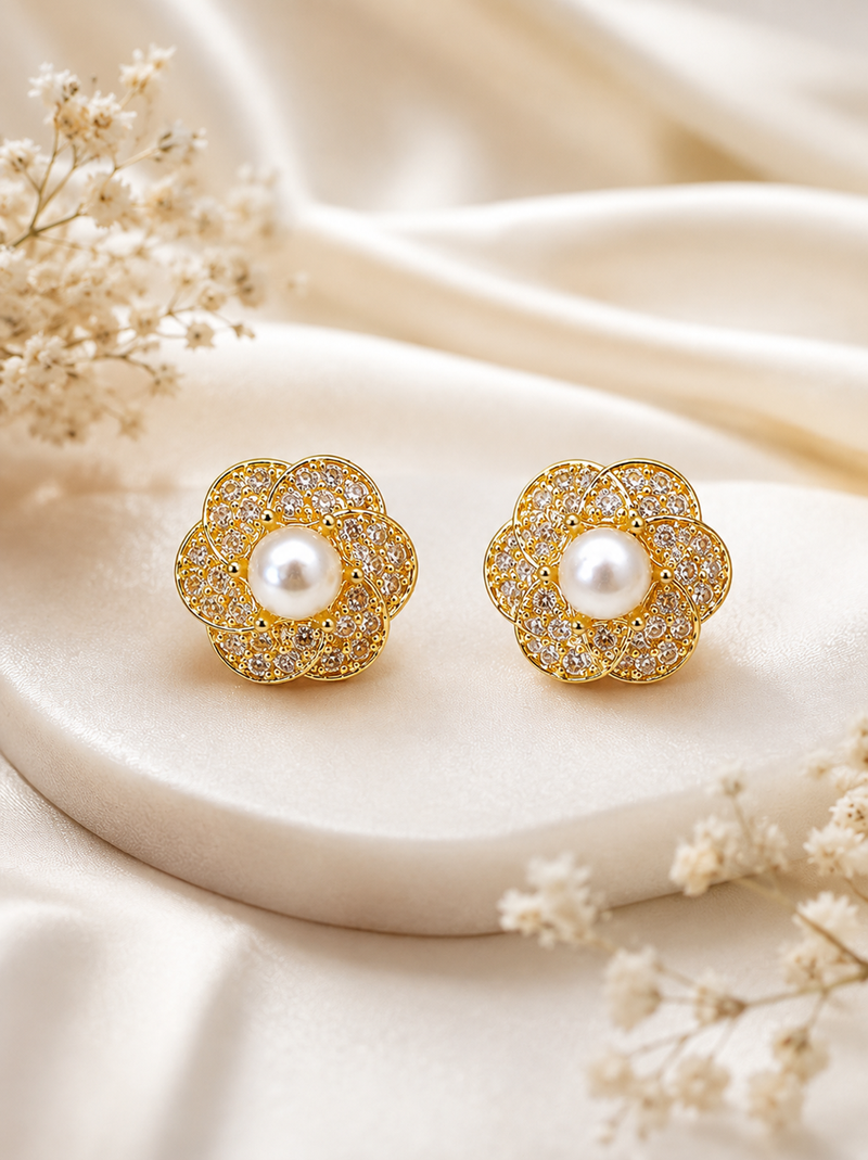 Certified natural freshwater pearls jewellery pearl centre flower stud earrings with cz stones, gold tone floral design.