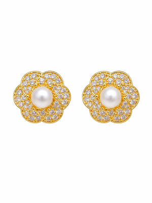 Certified natural freshwater pearls jewellery pearl centre flower stud earrings with cz stones, gold tone floral design. 5