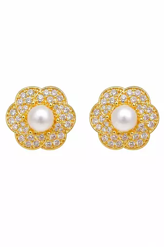 Certified natural freshwater pearls jewellery pearl centre flower stud earrings with cz stones, gold tone floral design.