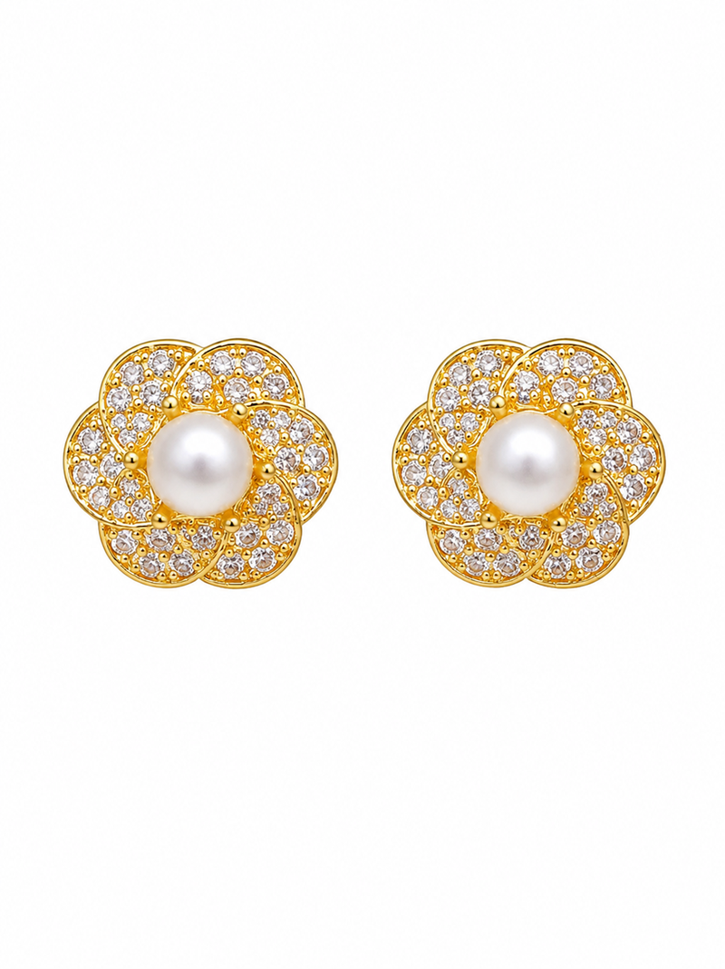 Certified natural freshwater pearls jewellery pearl centre flower stud earrings with cz stones, gold tone floral design.