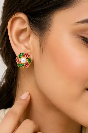 Certified natural freshwater pearls jewellery floral pearl centre stud earrings with ruby & emerald zirconia gold-tone