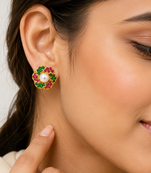 Certified natural freshwater pearls jewellery floral pearl centre stud earrings with ruby & emerald zirconia gold-tone