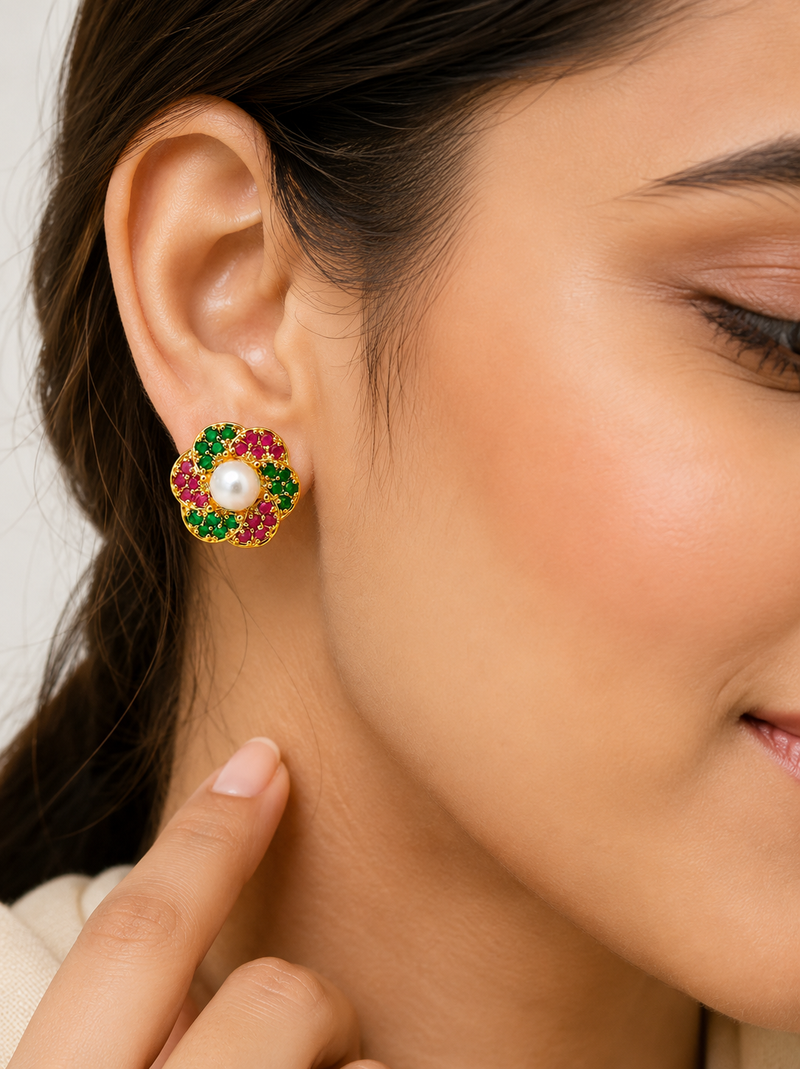 Certified natural freshwater pearls jewellery floral pearl centre stud earrings with ruby & emerald zirconia gold-tone