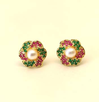 Certified natural freshwater pearls jewellery floral pearl centre stud earrings with ruby & emerald zirconia gold-tone 2