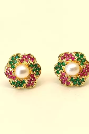 Certified natural freshwater pearls jewellery floral pearl centre stud earrings with ruby & emerald zirconia gold-tone