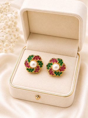 Certified natural freshwater pearls jewellery floral pearl centre stud earrings with ruby & emerald zirconia gold-tone 3
