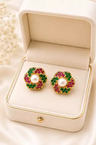 Certified natural freshwater pearls jewellery floral pearl centre stud earrings with ruby & emerald zirconia gold-tone