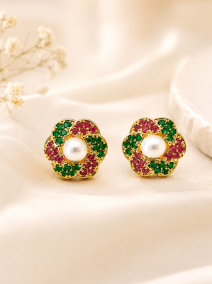Certified natural freshwater pearls jewellery floral pearl centre stud earrings with ruby & emerald zirconia gold-tone 4