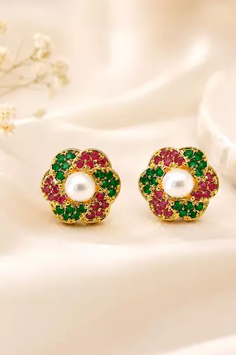 Certified natural freshwater pearls jewellery floral pearl centre stud earrings with ruby & emerald zirconia gold-tone